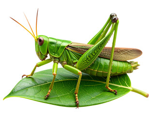 Realistic Green Grasshopper Perched on Leaf, Side View, isolated on transparent background 
