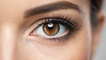 Obraz premium A close-up of a woman's eye showcasing intricate details, including long lashes and a striking iris.