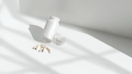 White Pills and Bottle Product Shot Minimalist Health and Wellness Concept