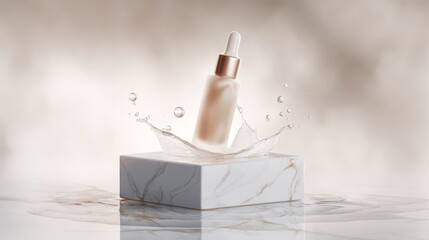 Beige Liquid Dropper Bottle on White Marble Cube with Splashes
