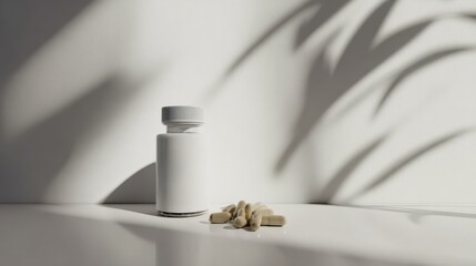 Beige Capsules and White Pill Bottle on White Surface with Plant Shadows