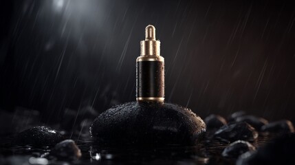 Black Gold Dropper Bottle on Wet Stones, Rainy Background