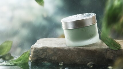 Green Cream Jar on Wet Stone with Rain Droplets and Leaves