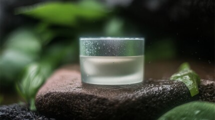 Moisturizing Cream Jar on Rocks with Green Leaves