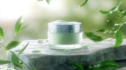 Refreshing Green Cream Jar on Stone with Water Droplets and Leaves