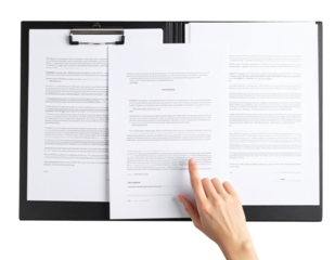  Hand pointing at business document – flat lay PNG