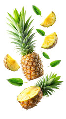 flying pineapple slices isolated on transparent white background, clipping path