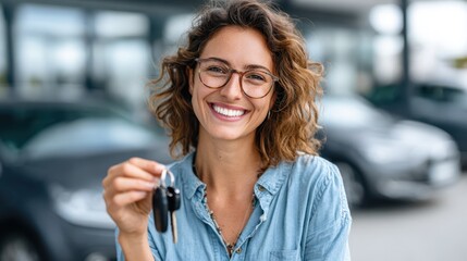 Joyful woman celebrates new car ownership in a vibrant dealership setting