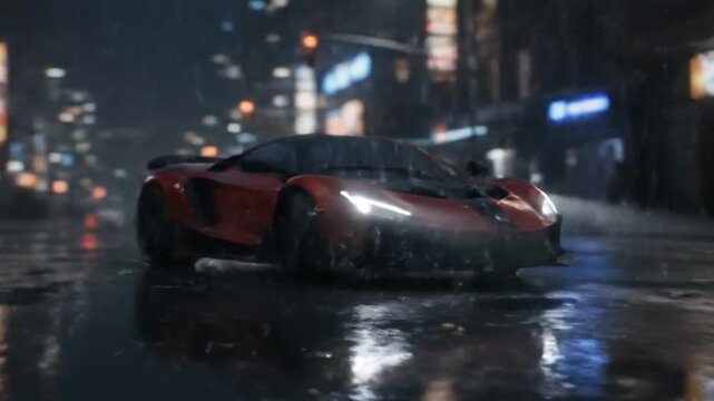 red and black supercar speeds through a rain-soaked city street at night. Rain pours down as the car's headlights cut through the darkness, casting sharp reflections in the wet pavement 