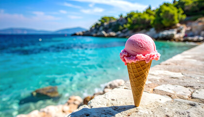 Pink Ice Cream Cone by the Ocean on Sunny Summer Day