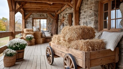 Charming rustic porch adorned with hay bales and flower pots in autumn