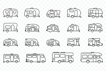 collection of minimal camper and rv vector icons for outdoor and travel graphic design projects with line art style set