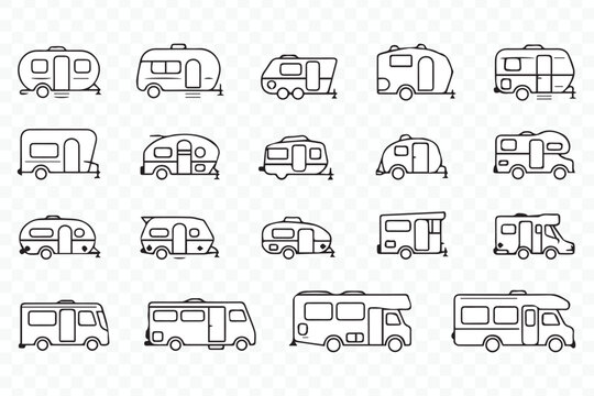 collection of minimal camper and rv vector icons for outdoor and travel graphic design projects with line art style set