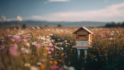 Wooden beehive in a vibrant meadow