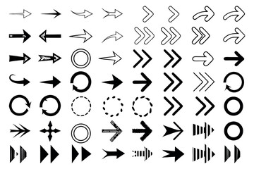 Collection of diverse black arrow icons and symbols on a white background