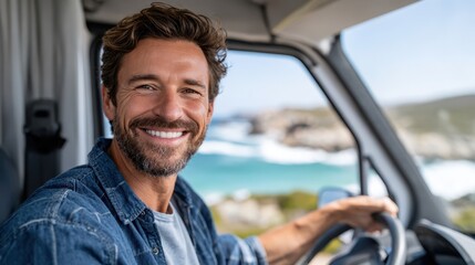 Joyful man driving camper van by a stunning ocean view in sunny weather
