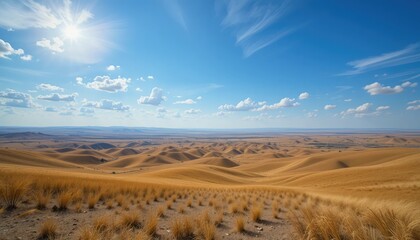 Fototapeta premium Golden rolling hills under bright sun and blue sky