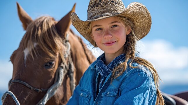 Smiling girl in cowboy hat riding horse under sunny blue sky