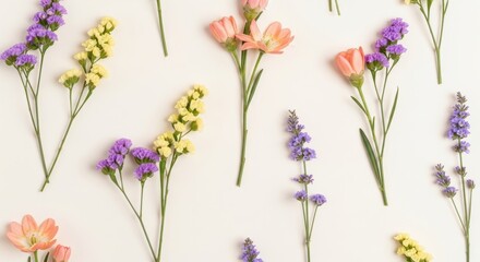 Assorted Delicate Wildflowers in Pastel Hues on White Background floral pattern