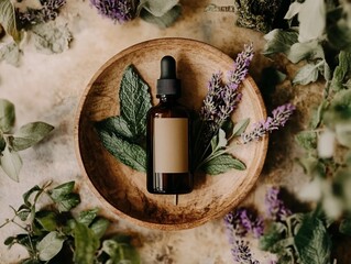 Botanical essence presentation with amber bottle and natural greenery accents
