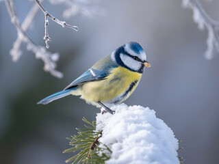 Eurasian blue tit perched on snowy pine branch bird