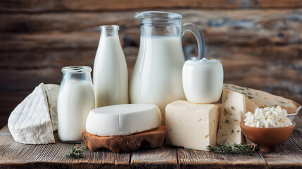 dairy products on wooden table