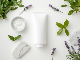 Minimalistic cosmetic tube mock-up with fresh botanicals and marble details