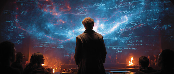 Man explaining math concepts to audience while standing before cosmic visuals  