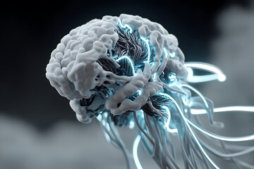 A cybernetic brain surrounded by dynamic impulses and data lines in a dark, high-tech AI atmosphere, representing the future of artificial intelligence.