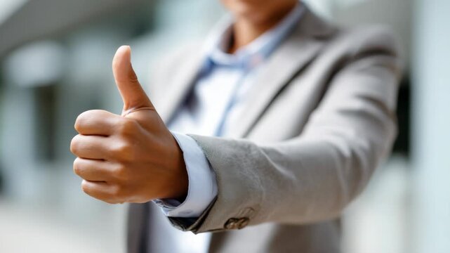 A business person gesturing with their thumb up in a show of approval, in a close-up shot. The person appears to be wearing a formal business suit
