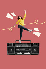 Pop art collage of person dance stand big boom box on red color background