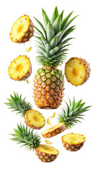 flying pineapple slices isolated on transparent white background, clipping path