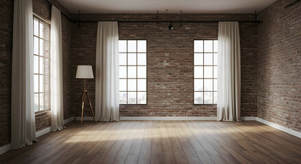 Empty room with large windows and exposed brick walls. Stylish, modern interior design, featuring natural light, wooden floors, and light beige curtains.