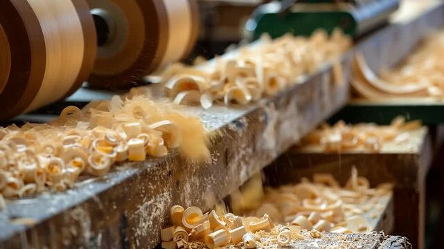 Workers are processing logs in a workshop, generating wood shavings as they turn the wood into cylinders