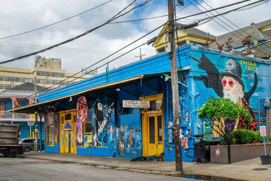 Colorful building of the Favela Chic, a bar, restaurant, and live jazz music venue on Frenchmen Street in Faubourg Marigny, New Orleans, Louisiana
