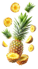 flying pineapple slices isolated on transparent white background, clipping path
