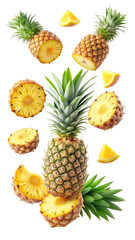 flying pineapple slices isolated on transparent white background, clipping path
