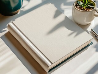 Aesthetic Composition of Journal, Pen, and Potted Plants in Natural Sunlight