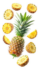 flying pineapple slices isolated on transparent white background, clipping path
