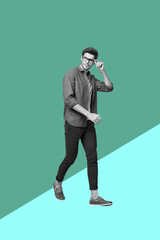Exclusive artwork banner creative collage of happy girl guy dance chill party relax weekend...