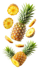 flying pineapple slices isolated on transparent white background, clipping path