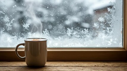 Steam rising indoors with snow falling outside window, cozy winter contrast in cinematic push-in, 4K - Powered by Adobe