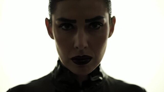 Close up portrait of a mysterious woman in a black vinyl suit with a serious and intense gaze