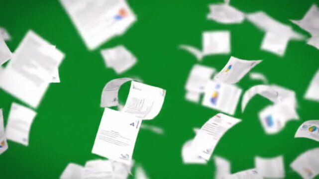 An overwhelming flood of paperwork flying chaotically across the screen, simulating the concept of being drowned in paperwork due to too much work. Hundreds of paper sheets are blown forcefully b.mp4