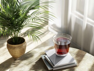 Elegant simplicity: A beverage and greenery bathed in gentle sunlight indoor