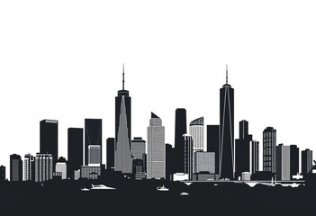 Minimalist black and white vector illustration of a city skyline with tall buildings,  architecture,  black and white