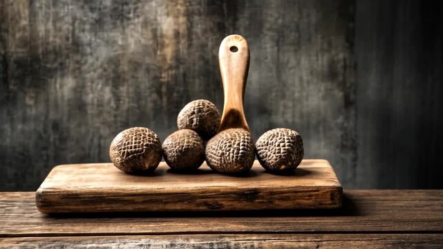 Several round, textured brown objects on a wooden cutting board