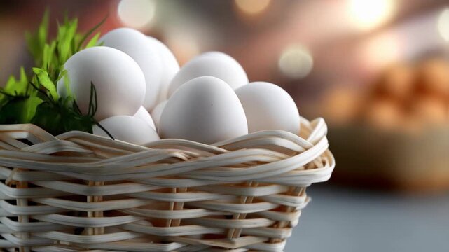 Fresh eggs in a woven basket, ready for breakfast