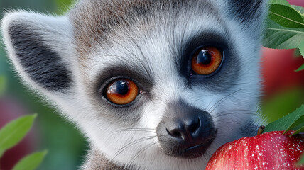 Close up portrait of a ring tailed lemur with bright orange eyes