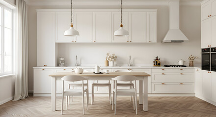 Elegant white kitchen with dining area featuring natural light and subtle details. Empty dining table with four white chairs, perfect for a home design or interior design photography.